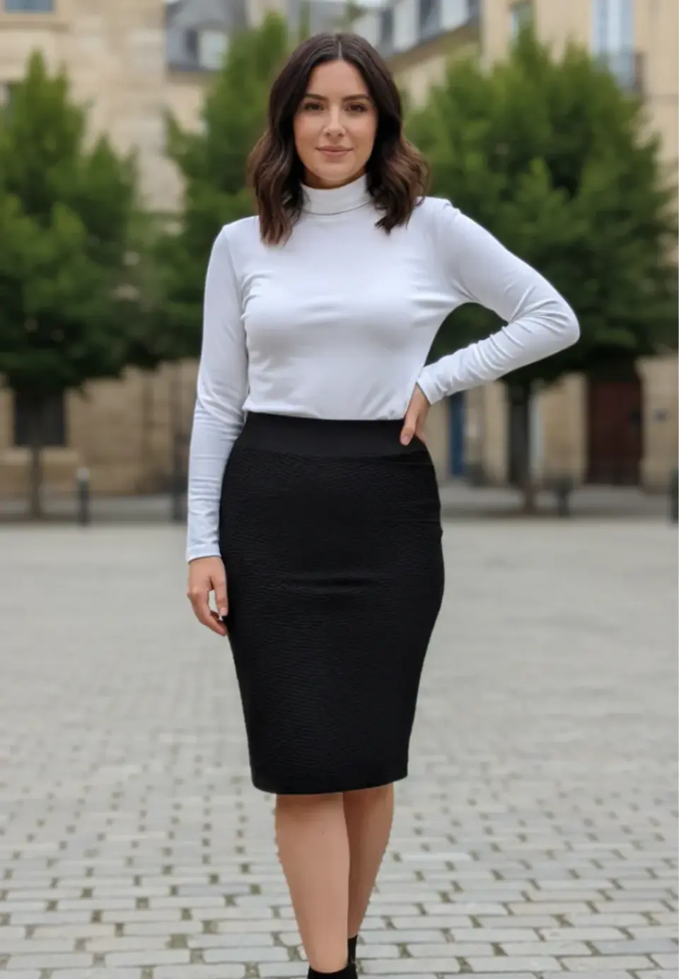 Fustă medie neagră cu dungi, fără cusături