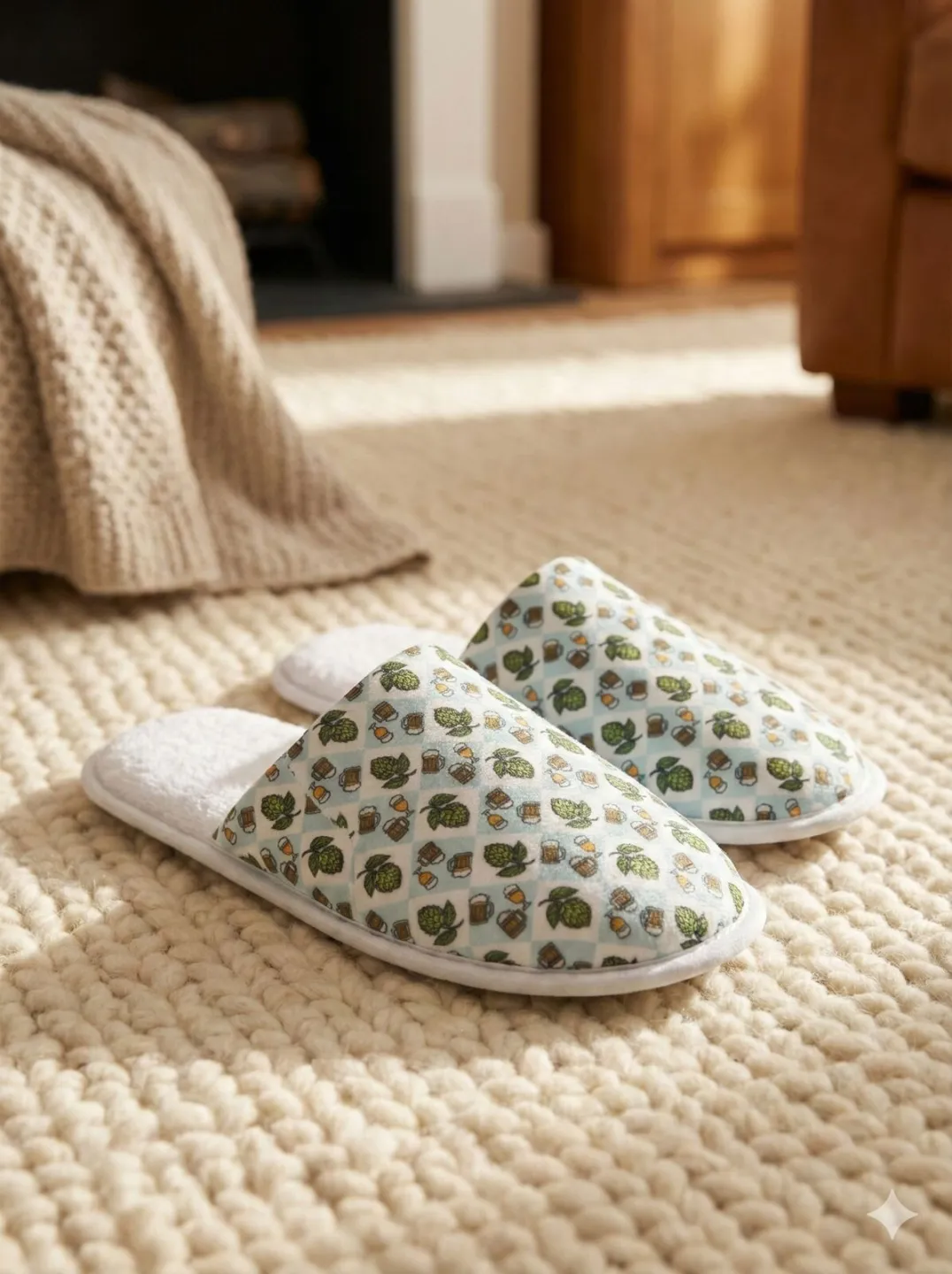 Papuci de casă pentru bărbați, în carouri bleu, cu imprimeu bere – comozi și călduroși