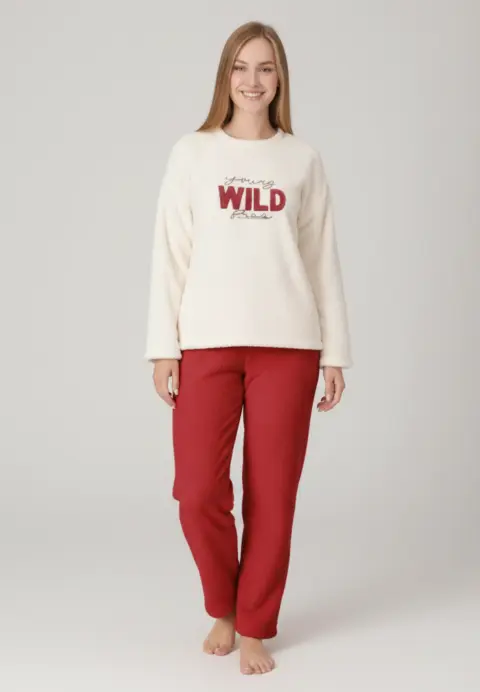 Pijamale damă cocolino alb și roșu cu imprimeu „Wild”