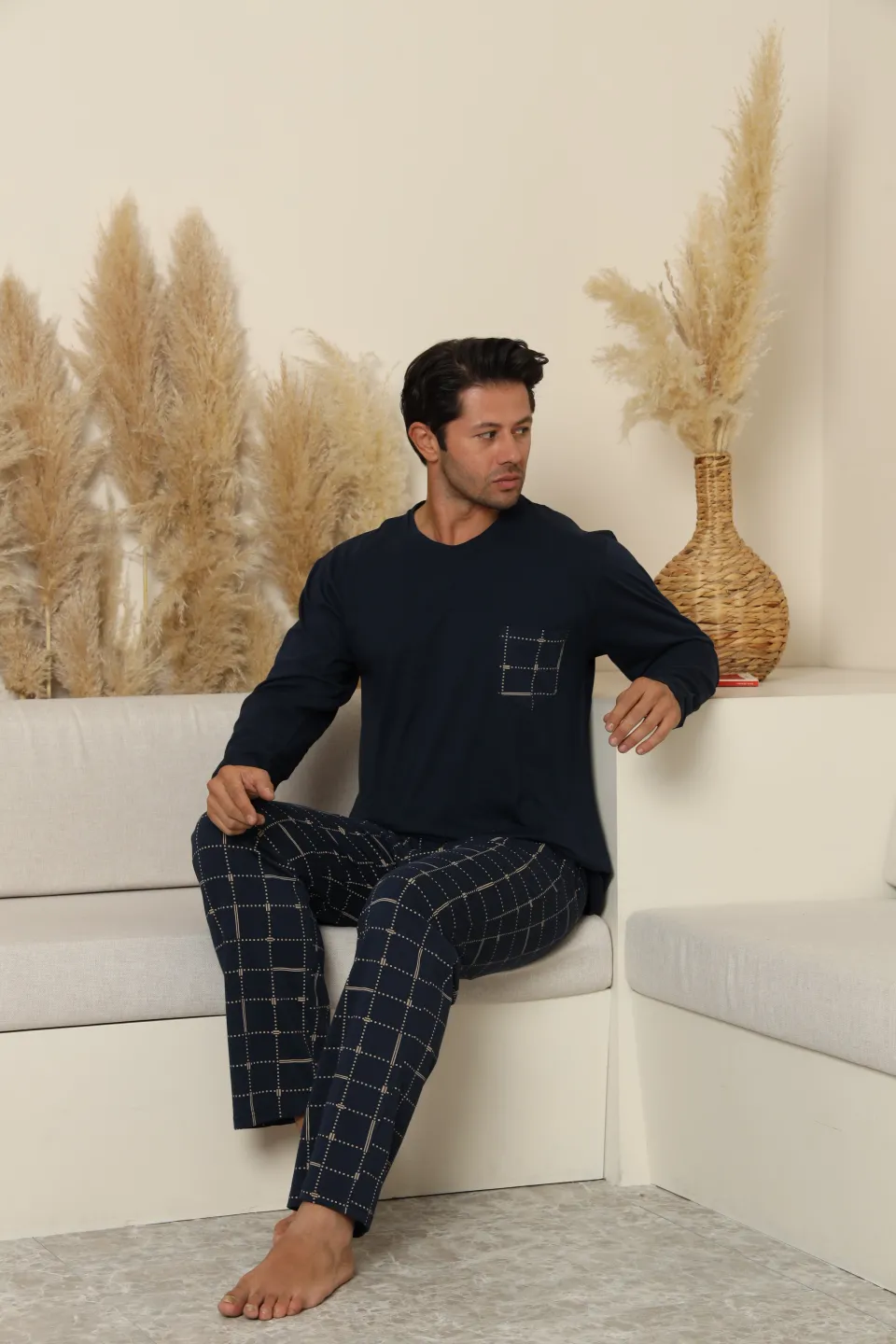 Pijamale bărbați bleumarin cu pantaloni lungi în carouri – 100% bumbac