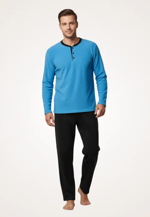 Pijamale bărbați polar albastru și negru cu decolteu cu nasturi