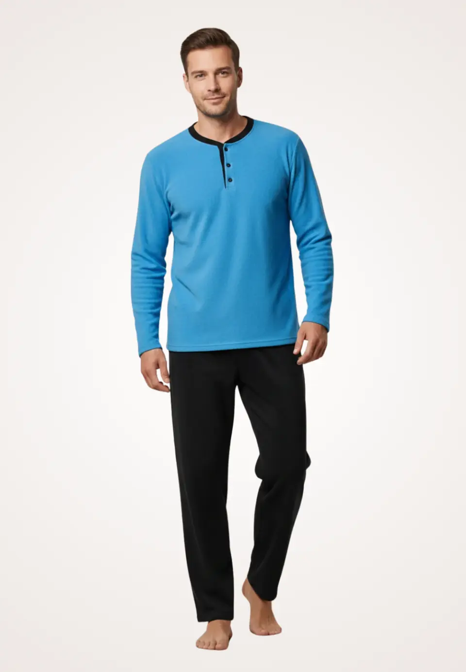 Pijamale bărbați polar albastru și negru cu decolteu cu nasturi