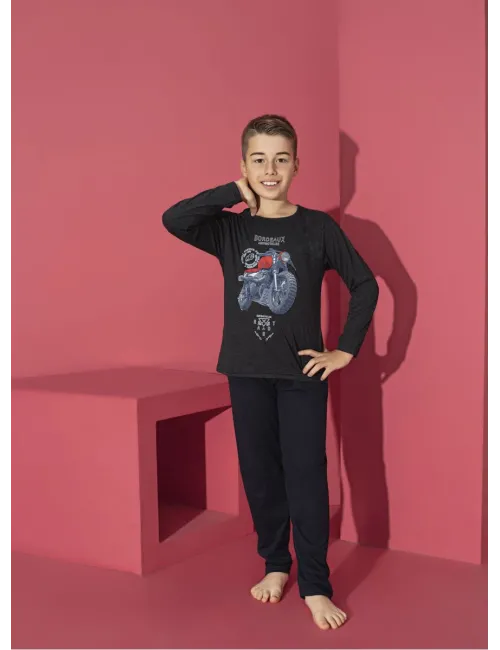 Pijama băieți cu mânecă lungă și pantaloni lungi, imprimeu motoretă, negru