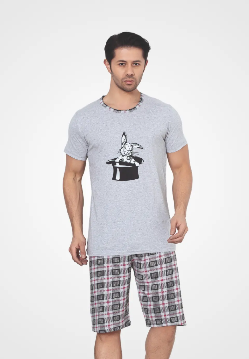 Pijama bărbat din bumbac, mânecă scurtă și pantaloni 3/4, imprimeu iepure, gri