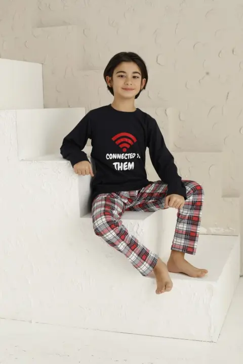 Pijama băieți, mânecă lungă, Connected To Them, bleumarin