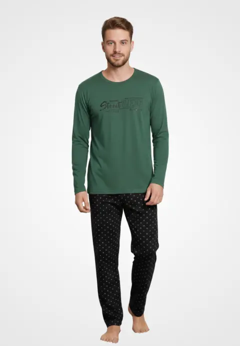 Pijama bărbați din bumbac, mânecă lungă și pantaloni lungi, imprimeu Street Wear