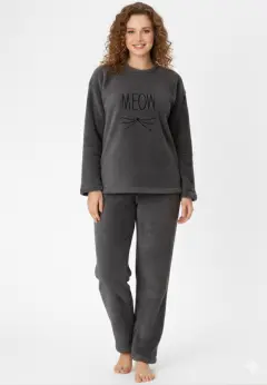 Pijamale damă cocolino gri închis cu imprimeu „Meow”