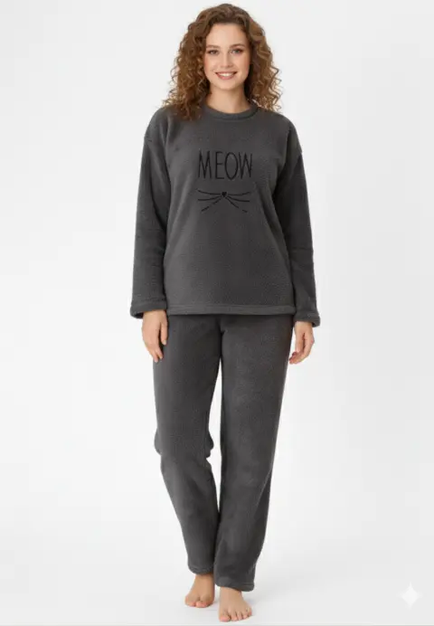 Pijamale damă cocolino gri închis cu imprimeu „Meow”