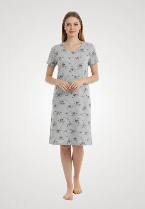Cămașă de noapte gri cu flori si maneca scurta