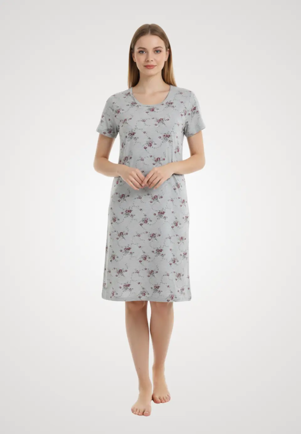 Cămașă de noapte gri cu flori si maneca scurta
