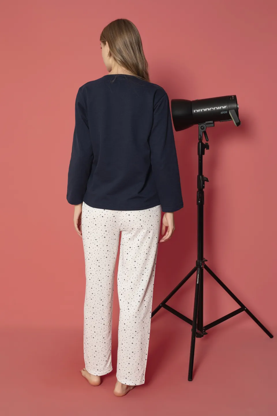 Pijama damă vătuită cu mânecă lungă și pantaloni lungi din bumbac, imprimeu cu stea