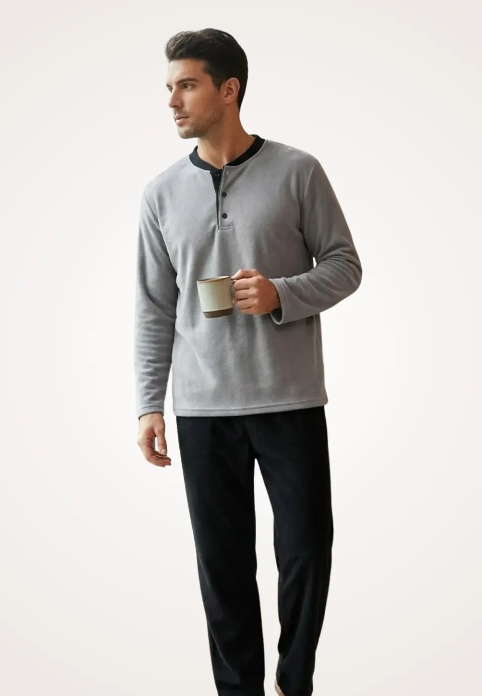 Pijamale bărbați polar gri și negru cu decolteu cu nasturi