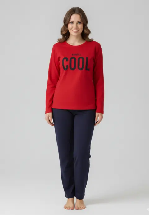 Pijama damă, cu mânecă lungă și pantaloni lungi din bumbac, imprimeu Cool