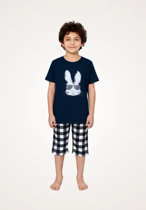 Pijama băieți, mânecă scurtă , imprimeu iepure cu ochelari, albastru închis