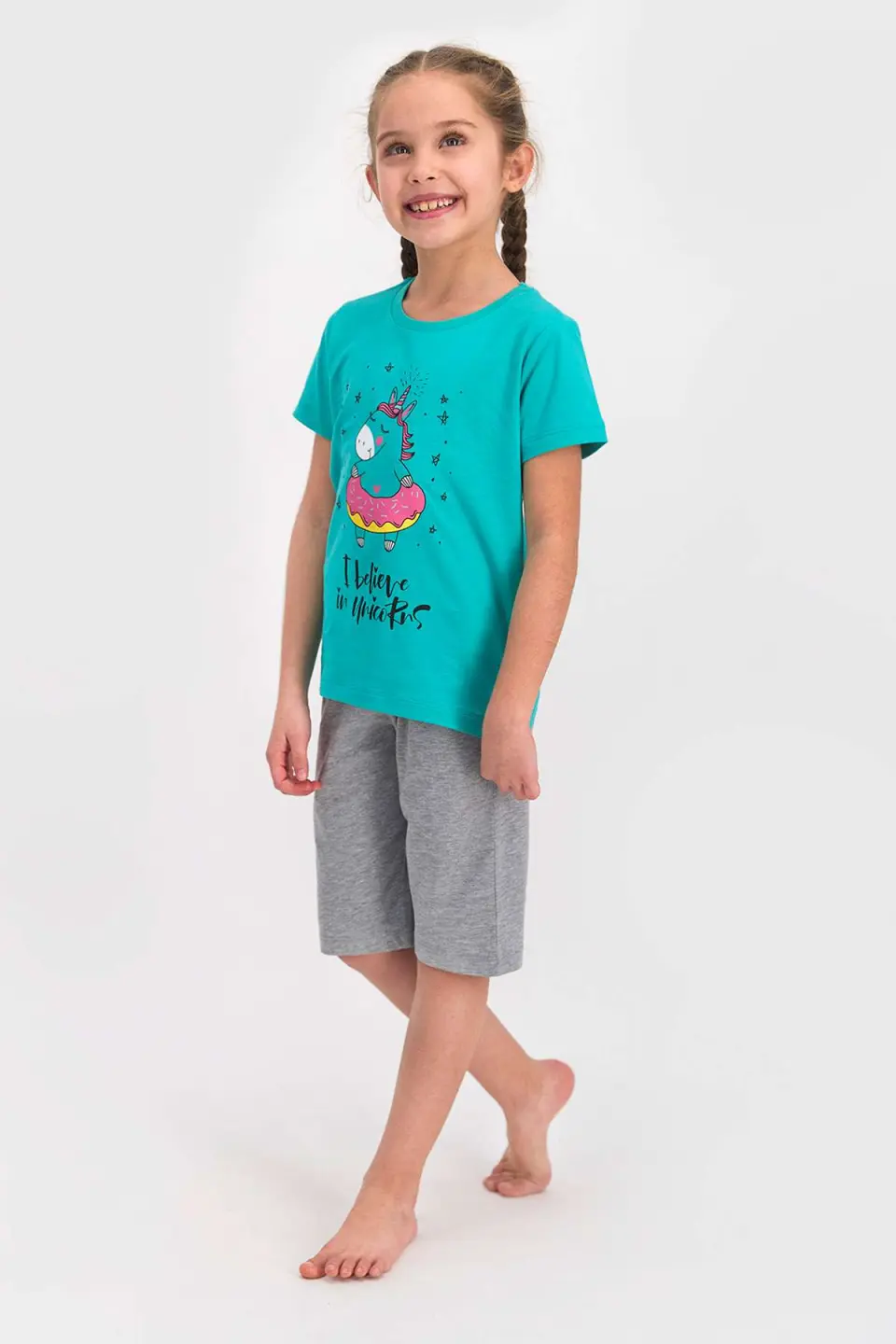 Pijama copii cu tricou și pantaloni trei sferturi, imprimeu unicorn, Turcoaz