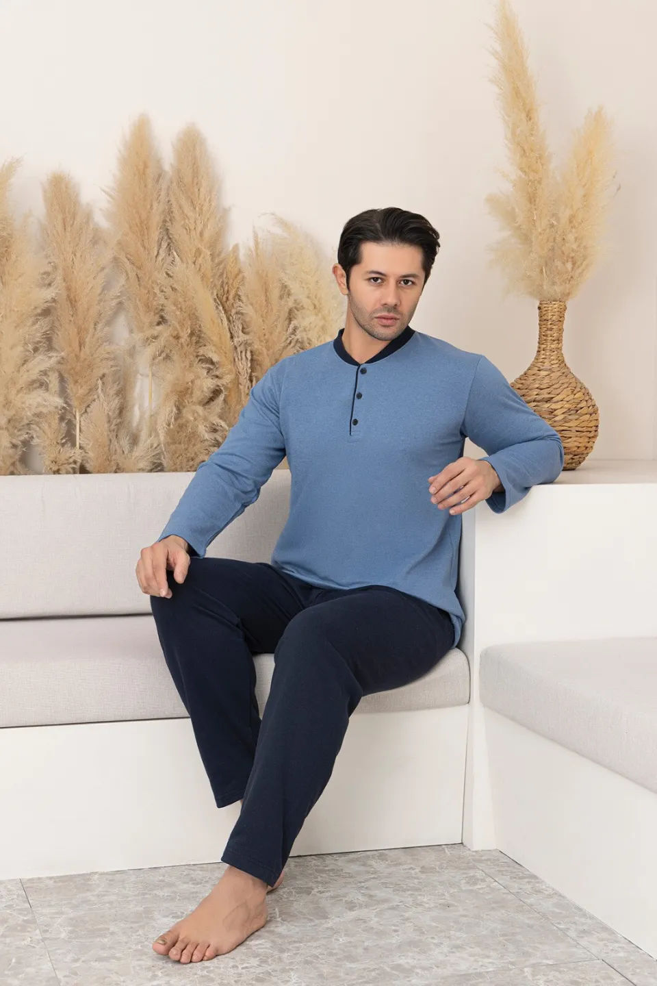 Pijama Bărbați Big Size – Flausată pe Interior, Bluza Albastru Deschis & Pantaloni Bleumarin