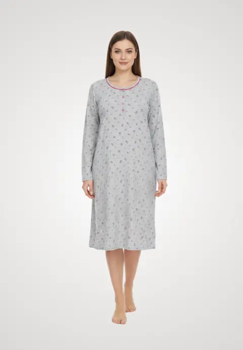 Cămașă de noapte gri cu inimioare si maneca lunga