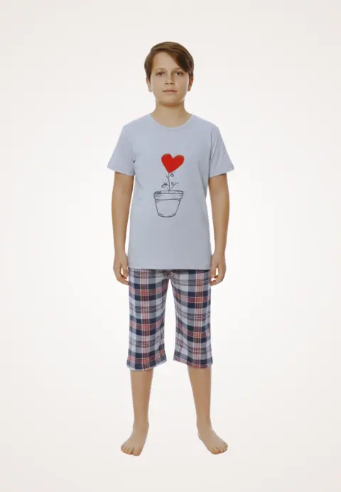 Pijama familie-copii, bumbac, mânecă scurtă și pantaloni 3/4, gri