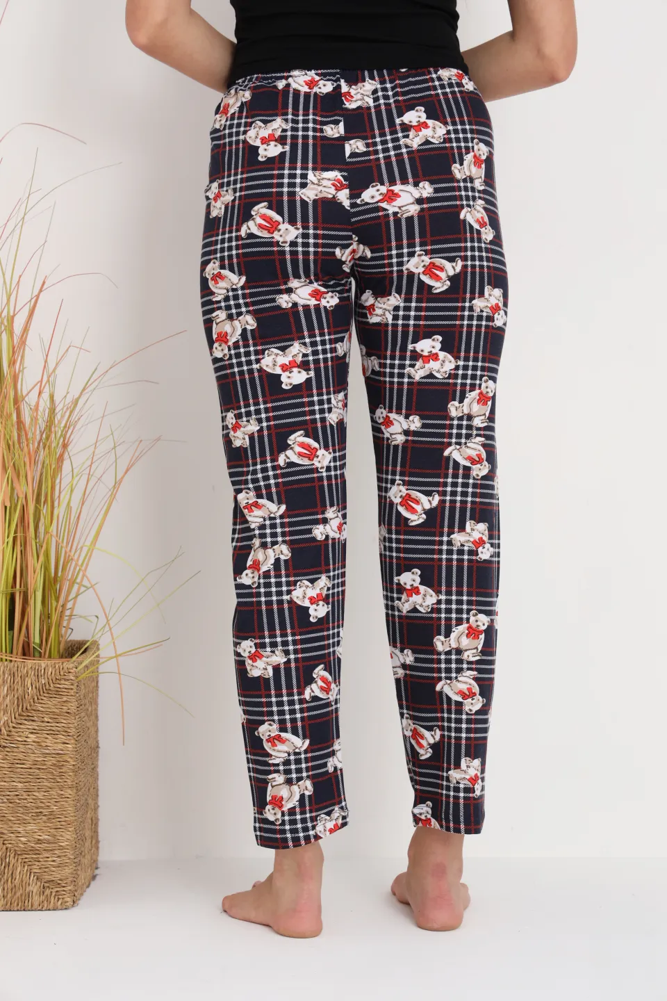 Pantaloni de pijama damă cu carouri și ursuleți, croială lejeră, bumbac & poliester