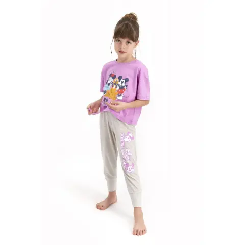 Pijama pentru fetițe Disney, bluza cu maneca scurtă și pantaloni lungi, imprimeu Mickey & Friends, mov