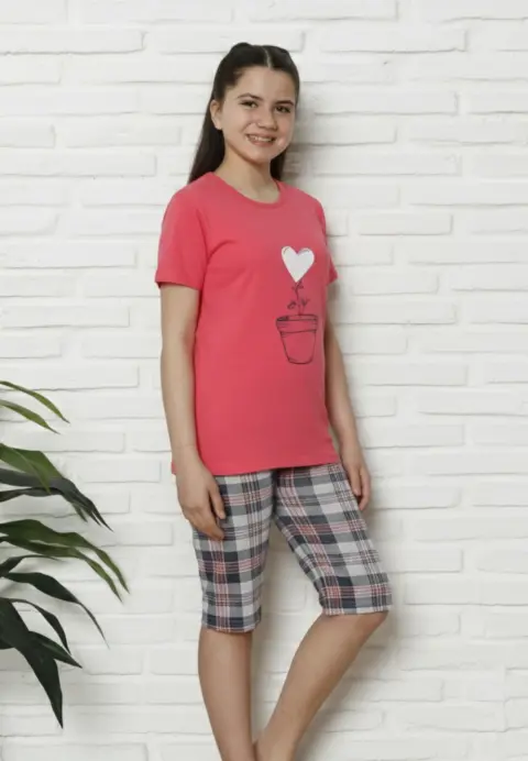 Pijama familie-copii, bumbac, mânecă scurtă și pantaloni 3/4, roz