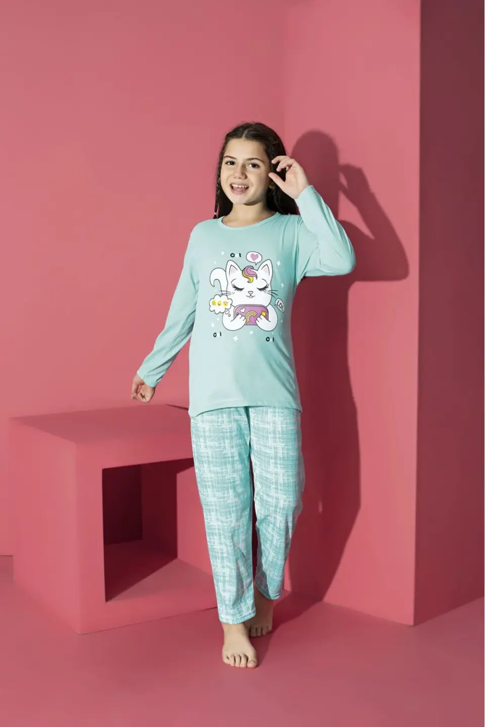 Pijama Fete, Mânecă Lungă, Imprimeu pisicuta, blue