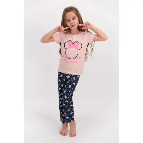 Pijamale pentru copii Minnie Mouse, bluza cu mânecă scurtă și pantalon lung, roz pudra
