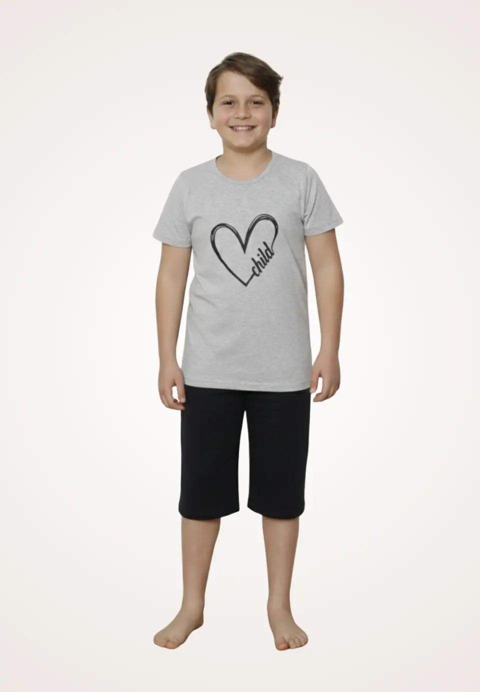 Pijama familie-copii, bumbac, mânecă scurtă și pantaloni 3/4, roz pudrat