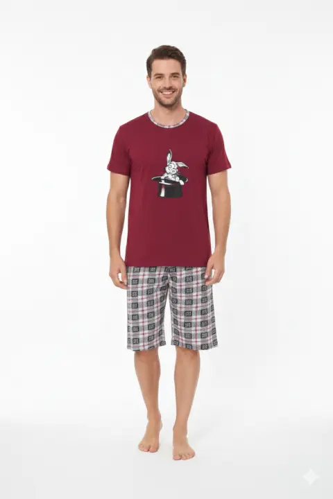 Pijama bărbat din bumbac, mânecă scurtă și pantaloni 3/4, imprimeu iepure, rosu