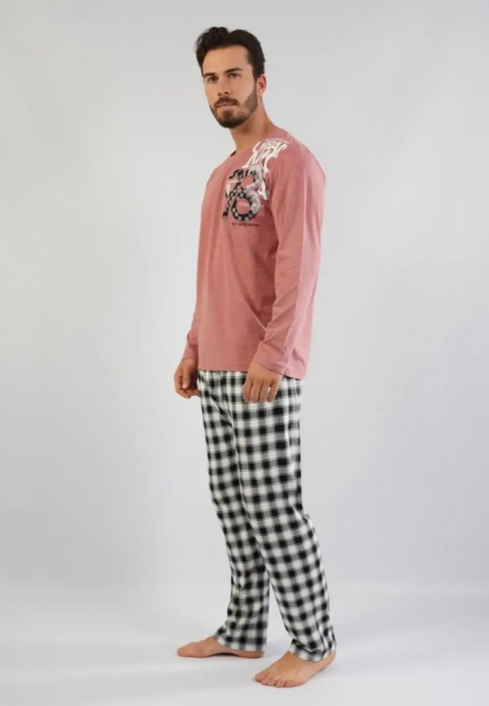 Pijamale Bărbați din Bumbac, Roz Pudră cu Imprimeu Text, Pantaloni și Mâneci Lungi