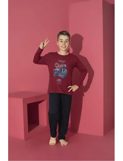 Pijama băieți cu mânecă lungă și pantaloni lungi, imprimeu motoretă, bordo