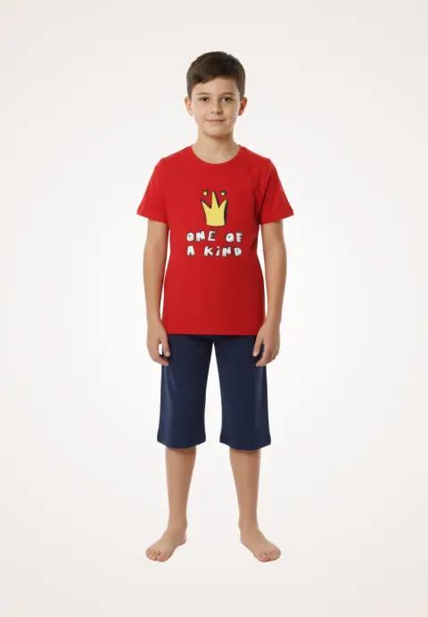 Pijama familie-copii, bumbac, mânecă scurtă și pantaloni 3/4, roșu