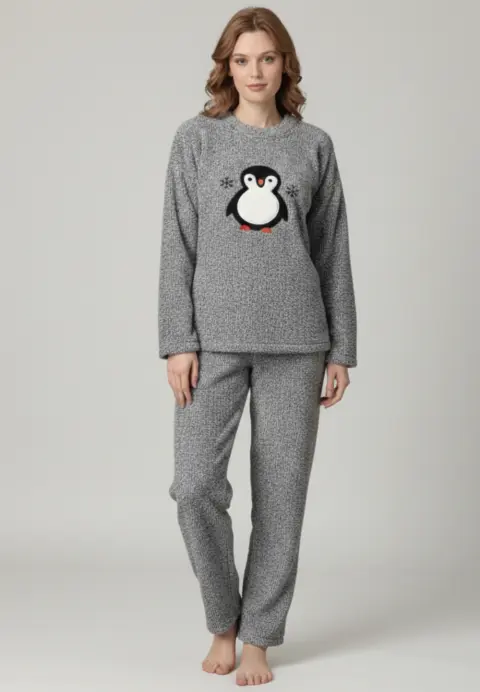 Pijamale damă cocolino gri deschis cu imprimeu pinguin