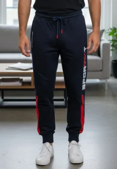 Pantaloni de trening bărbați bleumarin cu detalii roșii și albe, imprimeu „SPORT NASA”