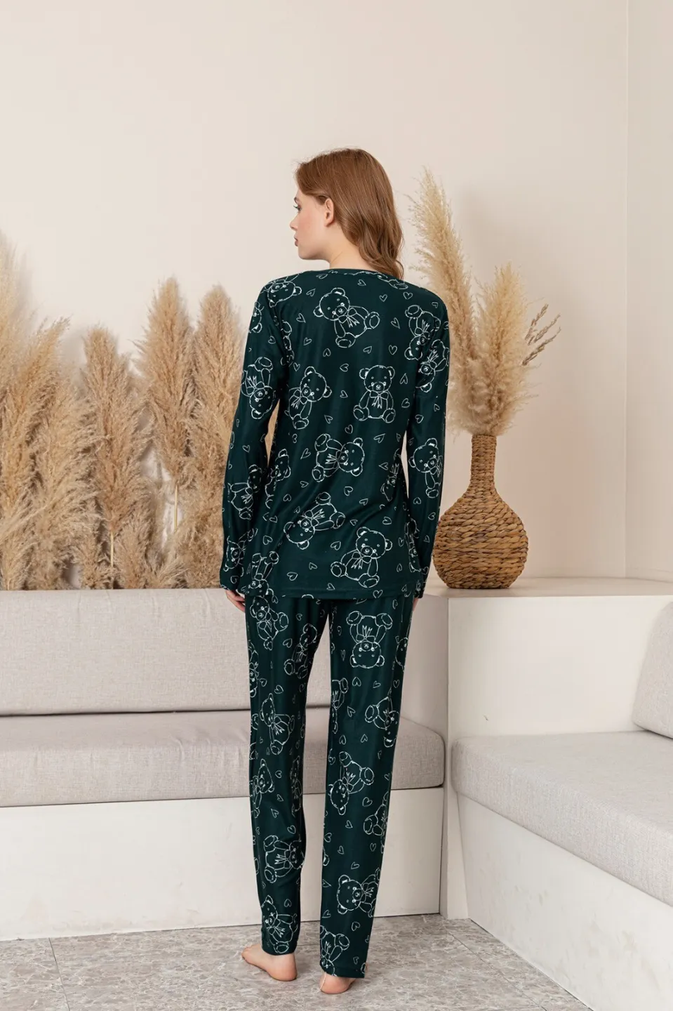 Pijama Damă Verde Închis cu Imprimeu Ursuleți – Mâneci și Pantaloni Lungi