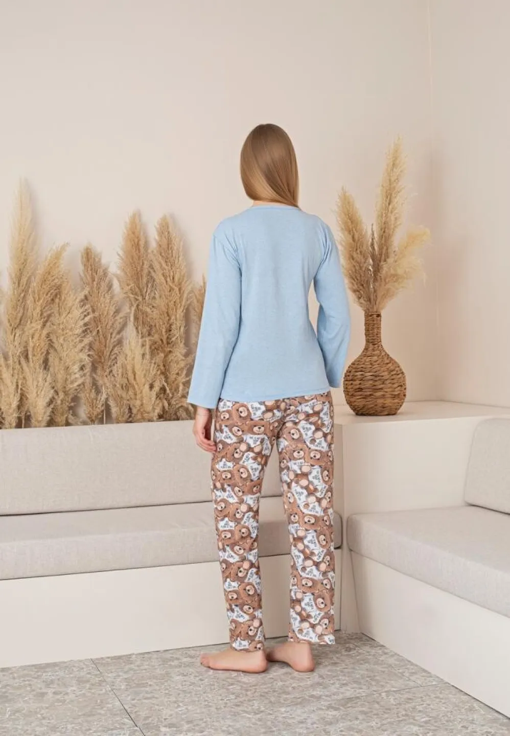 Pijama damă toamnă-iarnă bleu cu imprimeu „GOOD things ARE COMING” și pantaloni cu ursuleți