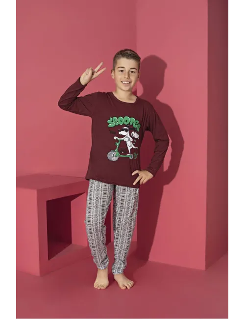 Pijama băieți cu mânecă lungă și pantaloni lungi, imprimeu Scooter, roșu