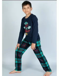 Pijama copii, mânecă lungă, pantalon lung, imprimeu Let it Snow, bleumarin