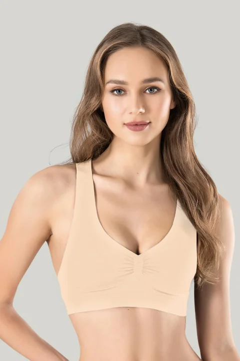 Bustiera dama elastica cu bretele groase, material lejer si elastic, culoare bej