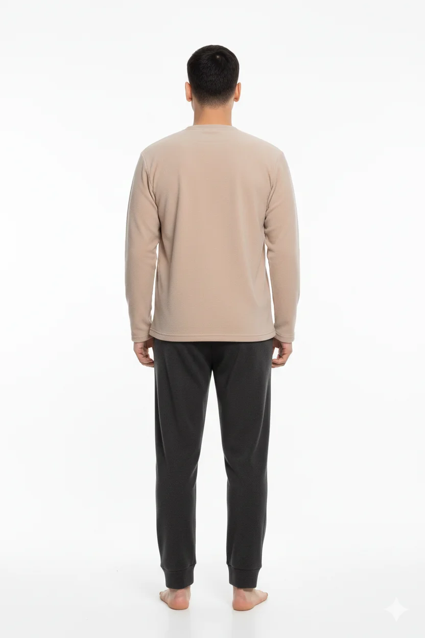Pijama bărbați pentru sezonul rece crem & gri închis „DON’T QUIT” – material polar