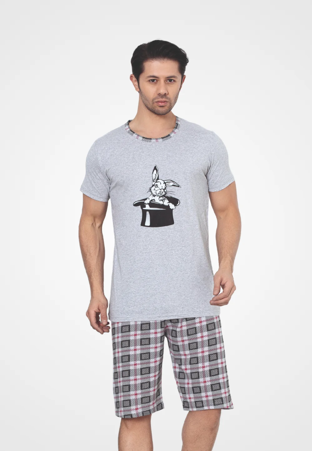 Pijama bărbat din bumbac, mânecă scurtă și pantaloni 3/4, imprimeu iepure, gri