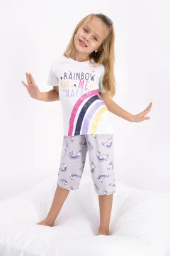 Pijama fetițe cu tricou și pantaloni trei sferturi, imprimeu curcubeu, Alb