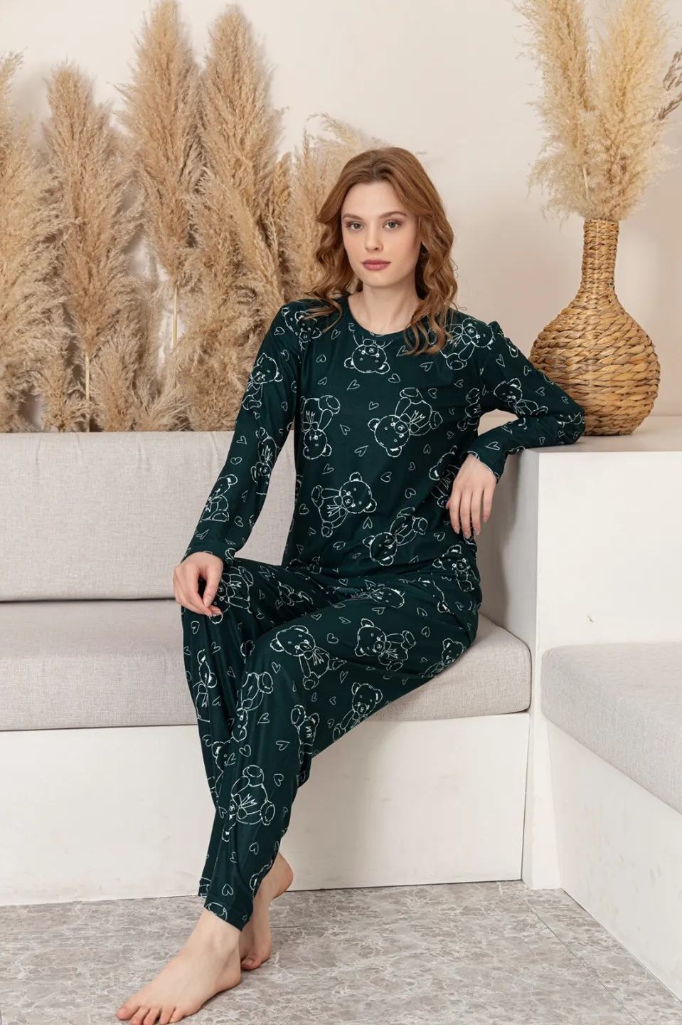 Pijama Damă Verde Închis cu Imprimeu Ursuleți – Mâneci și Pantaloni Lungi