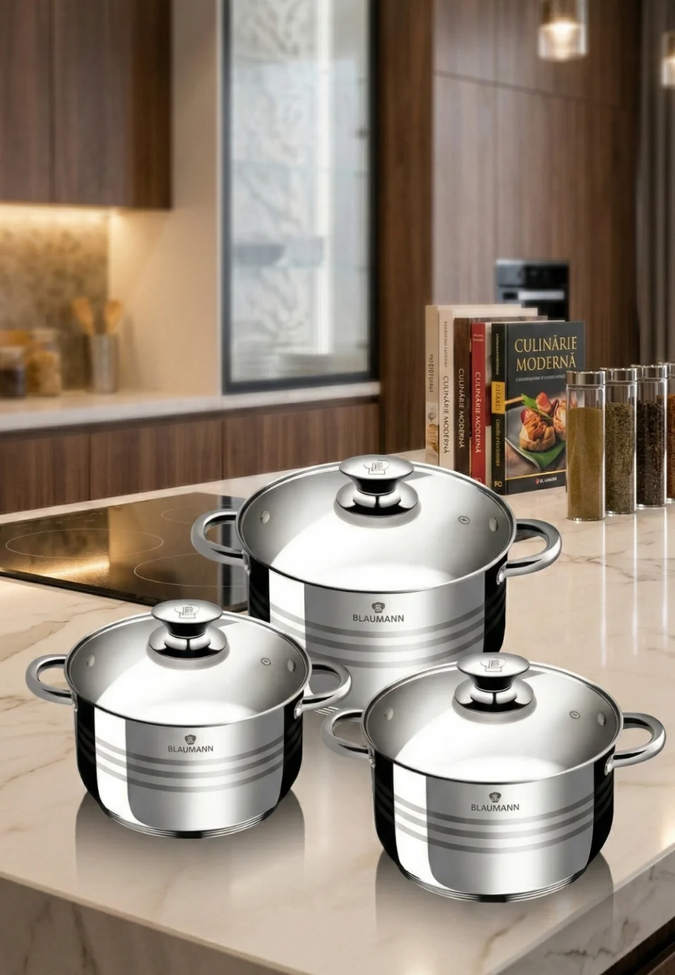 Set 3 Oale din Inox cu Capace din Sticlă Termorezistentă