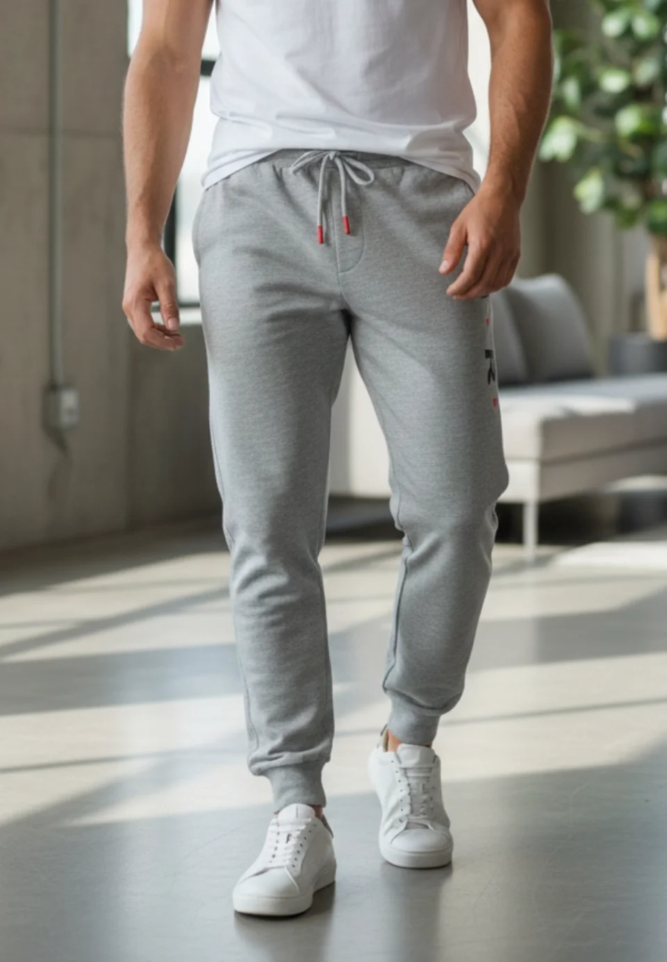 Pantaloni de trening bărbați gri deschis cu imprimeu „LIFE AIR”