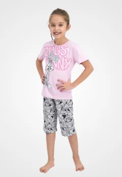 Pijama pentru fetițe Disney, bluza cu maneca scurtă și pantaloni 3/4, imprimeu Bugs Bunny, roz