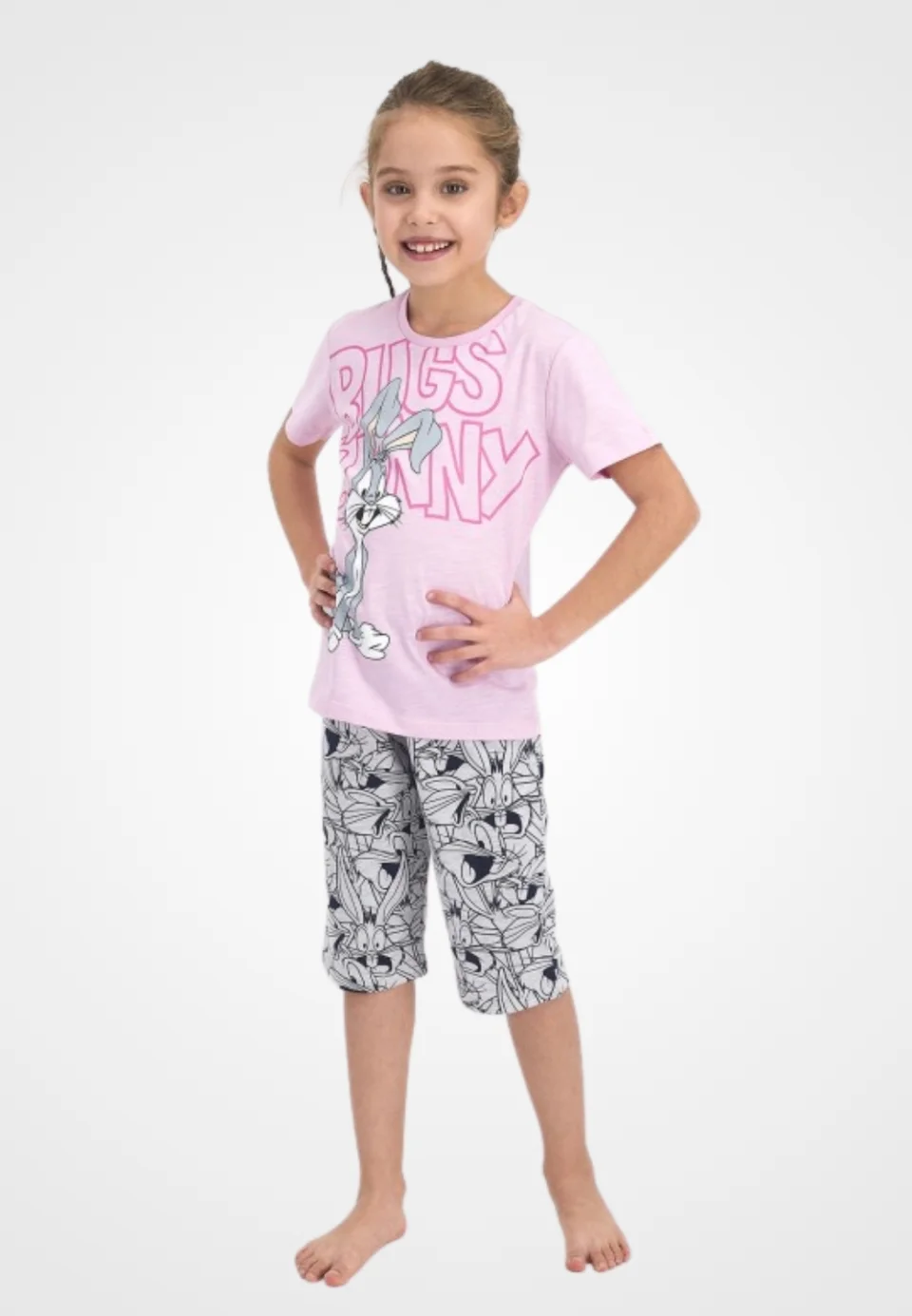 Pijama pentru fetițe Disney, bluza cu maneca scurtă și pantaloni 3/4, imprimeu Bugs Bunny, roz