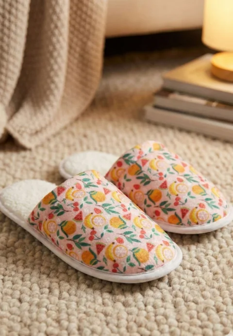 Papuci damă roz cu fructe și puf