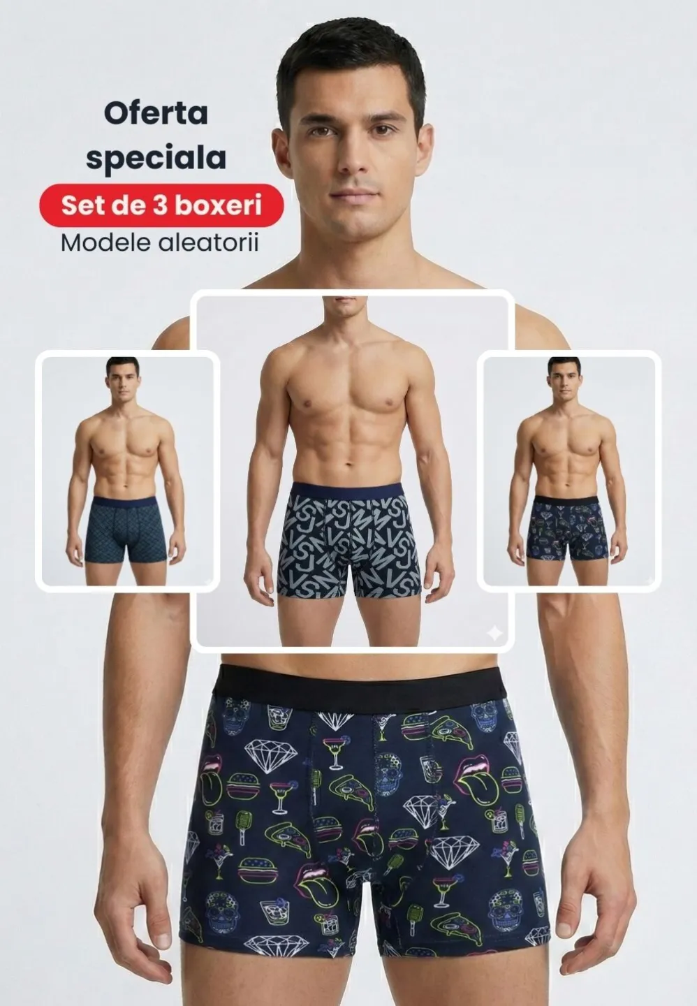 Set 3 boxeri bărbați premium – modele aleatorii, simpli și colorați, cu imprimeuri