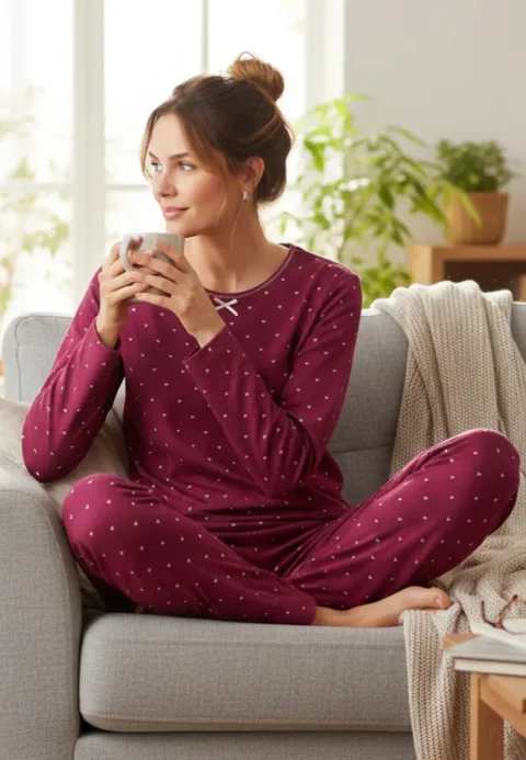 Pijama Damă Flausată pe Interior – Mov cu Inimioare, Mâneci și Pantaloni Lungi